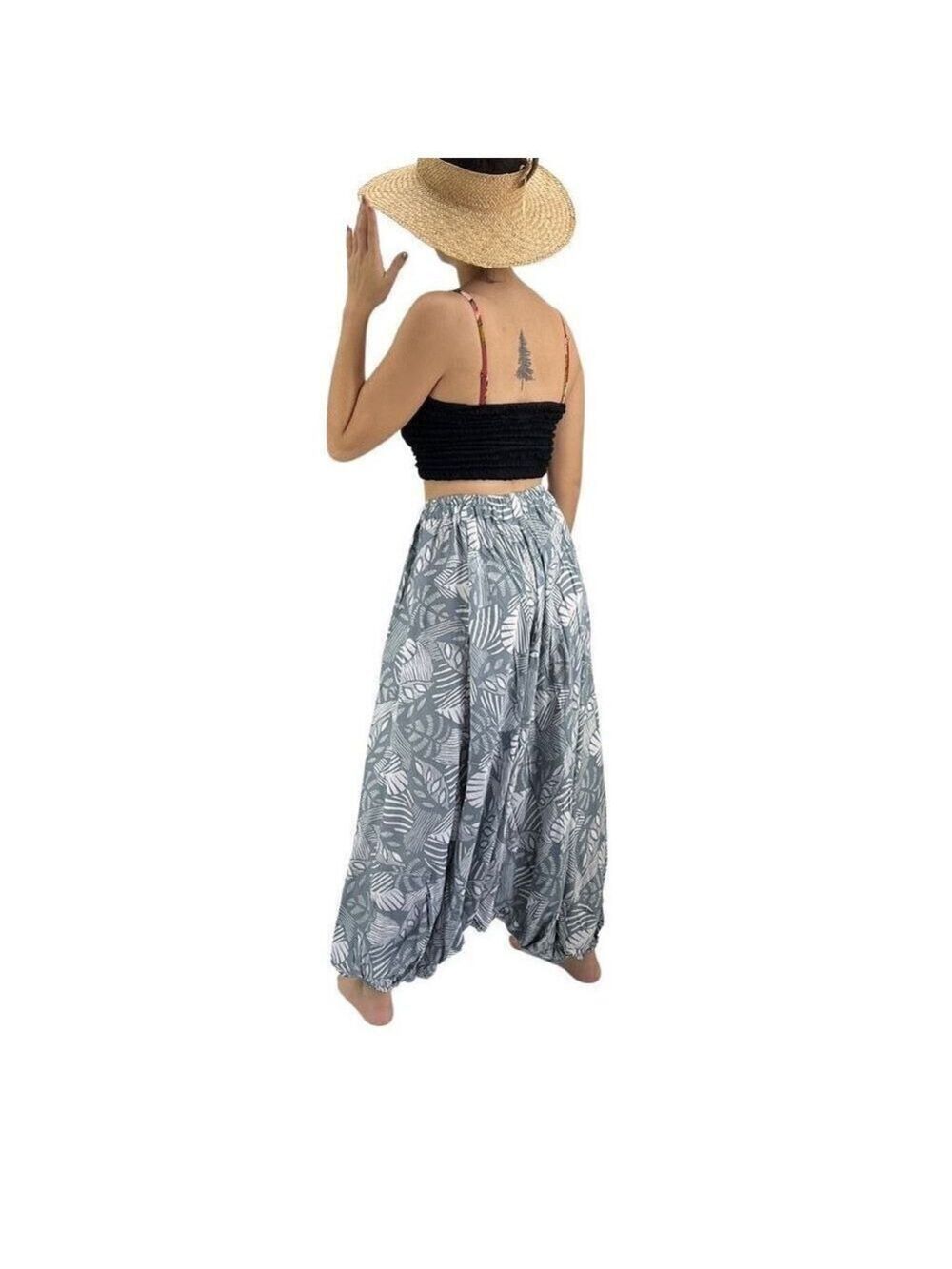 Apau ~ Gender Fluid Alladin Gypsy Pants Gray White Tropical Floral Leaf Design